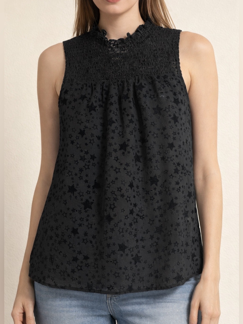 LOFT Velvet Star Print Black Smocked Sheer Blouse Top whimsical Fairy Boho XS